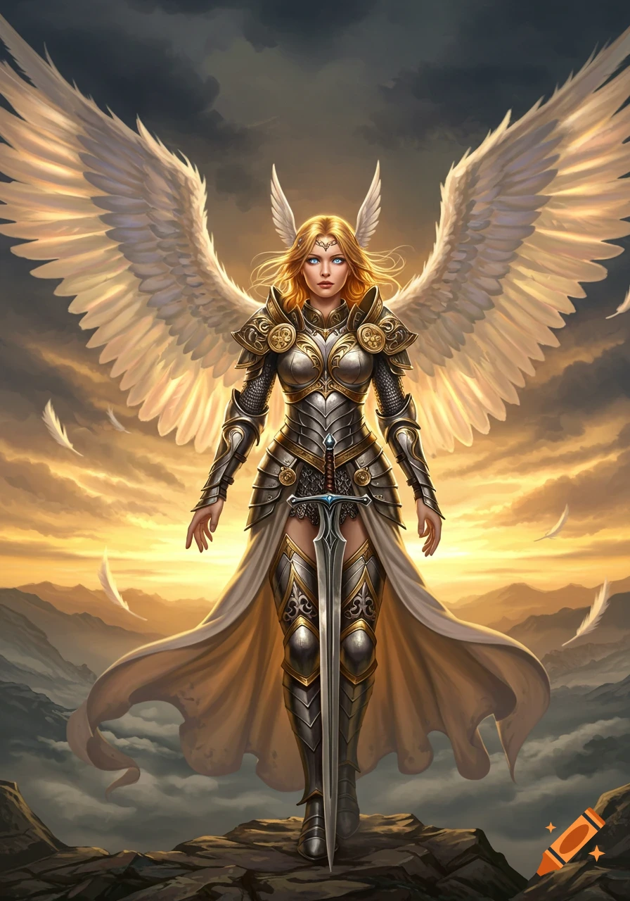 A blonde valkyrie in elaborate silver and gold armor stands on a rocky peak, large white wings spread, holding a sword against a dramatic sunset sky.