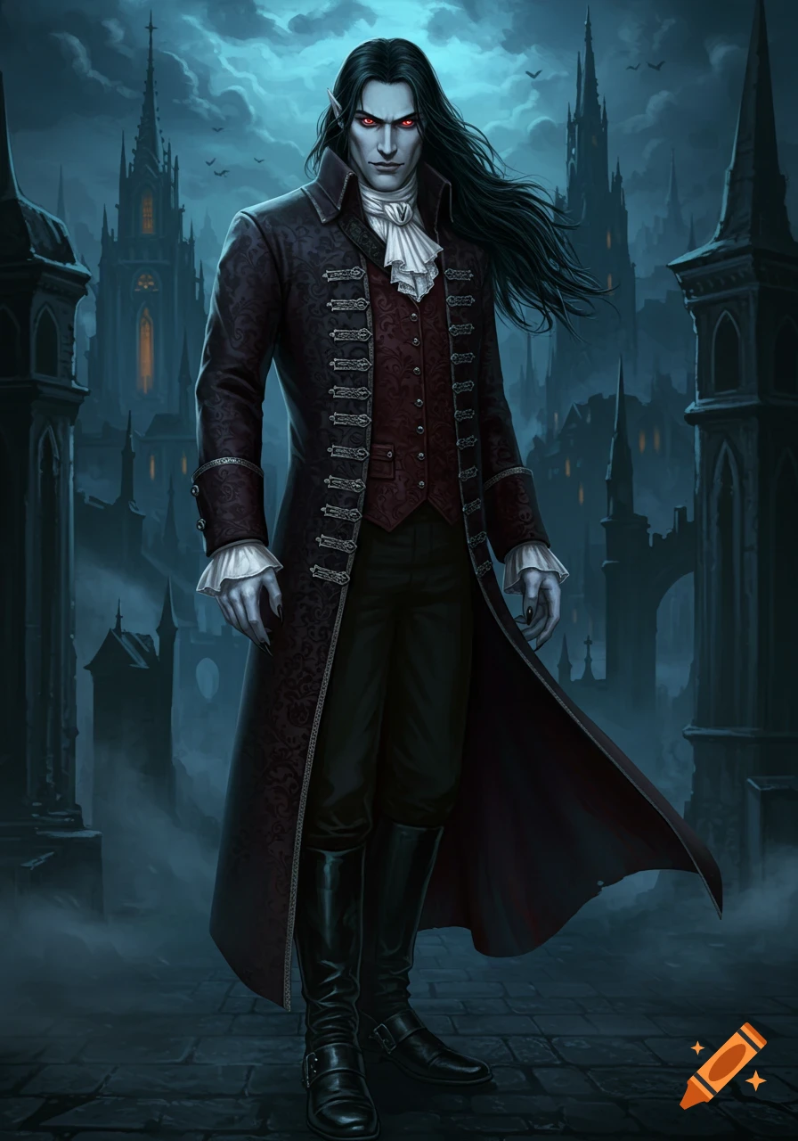 A male vampire with long dark hair, red eyes, and pale skin, wearing an ornate gothic coat, stands before dark castles under a cloudy night sky.