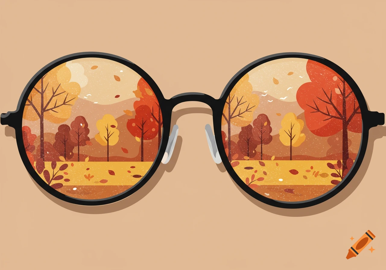 Minimalist illustration of black round glasses reflecting an autumn landscape with trees and falling leaves, on a tan background.