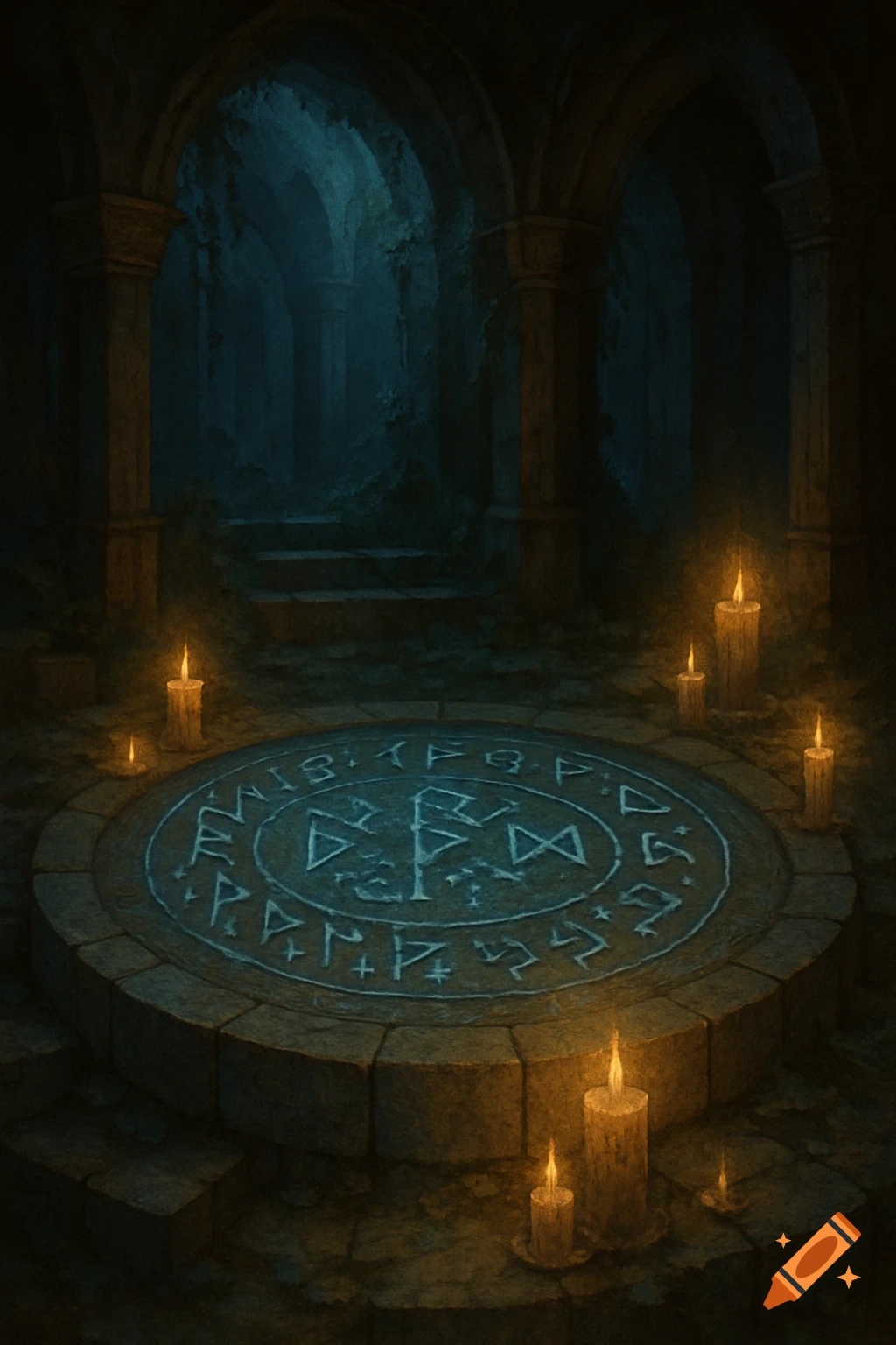 A dark, atmospheric scene of a stone ritual circle with ancient runes glowing faintly on the floor, surrounded by lit candles in a ruined, arched chamber.