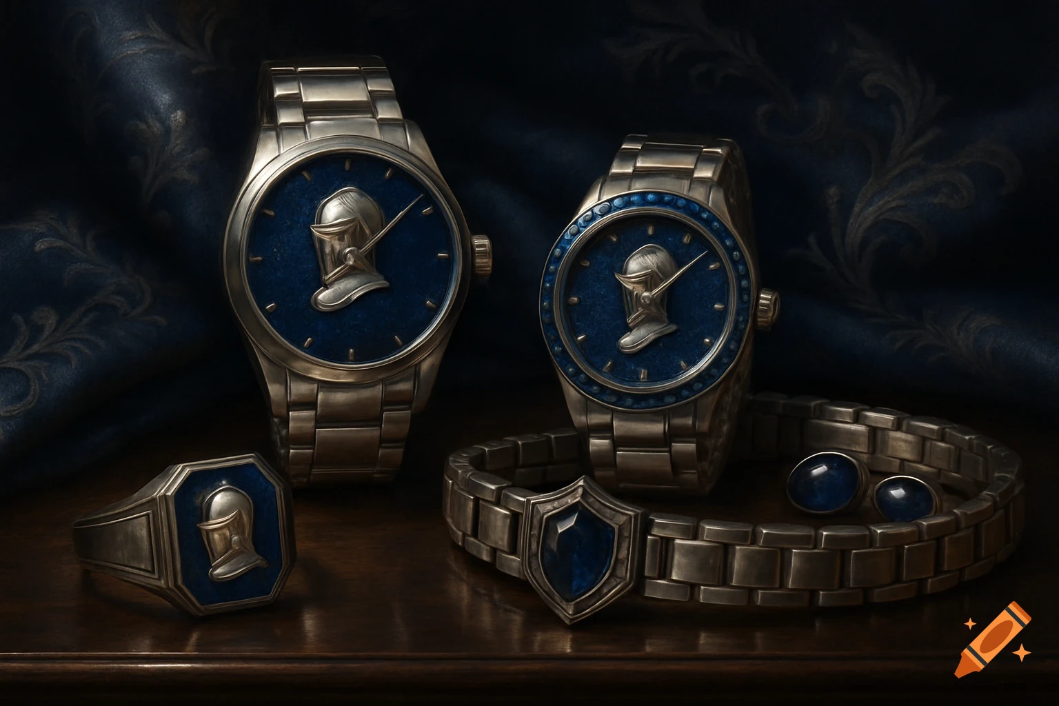 Two silver watches with blue faces featuring knight helmet motifs, a matching ring, bracelet, and cufflinks on a dark wooden surface with a blue patterned fabric background.