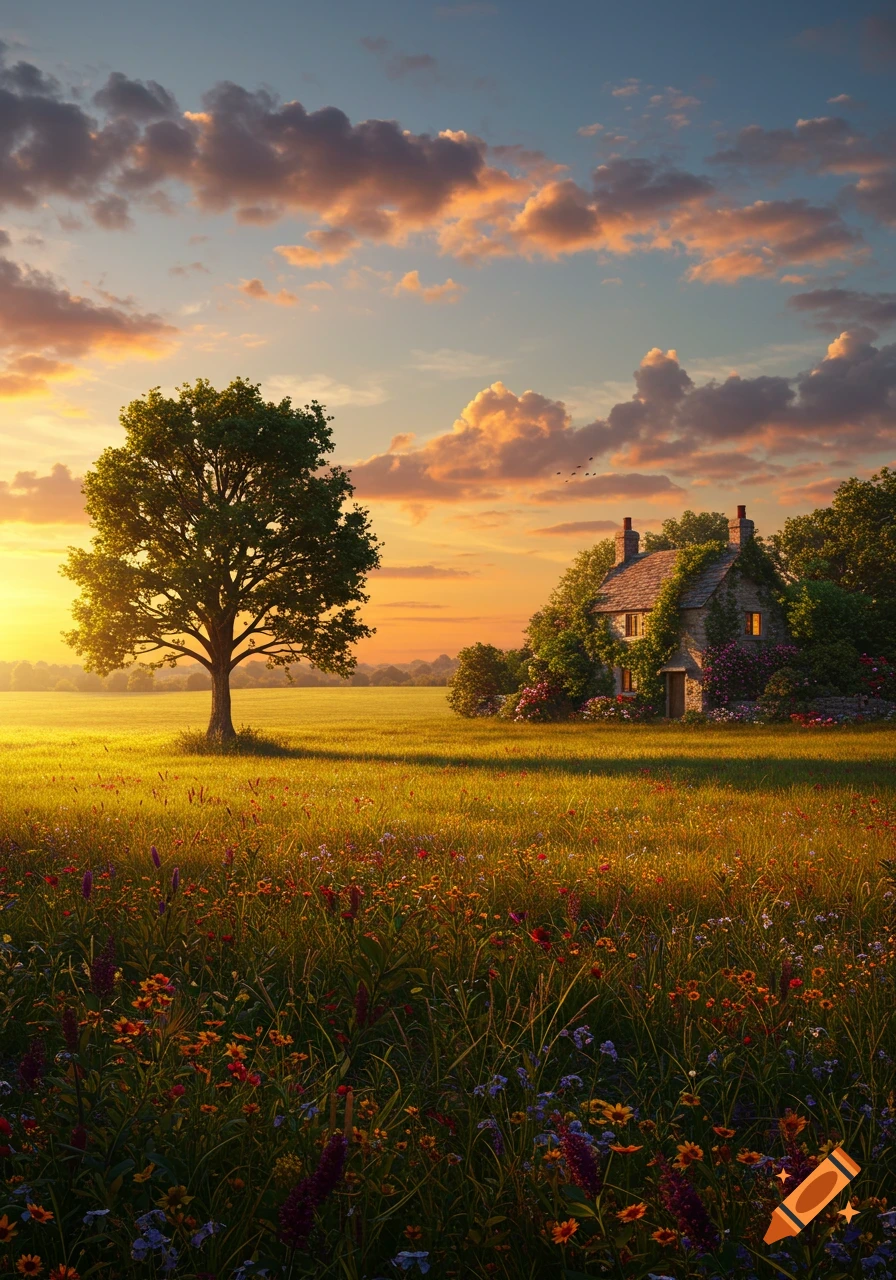 Photorealistic image of a stone cottage and a large tree in a field of wildflowers under a vibrant sunset sky.