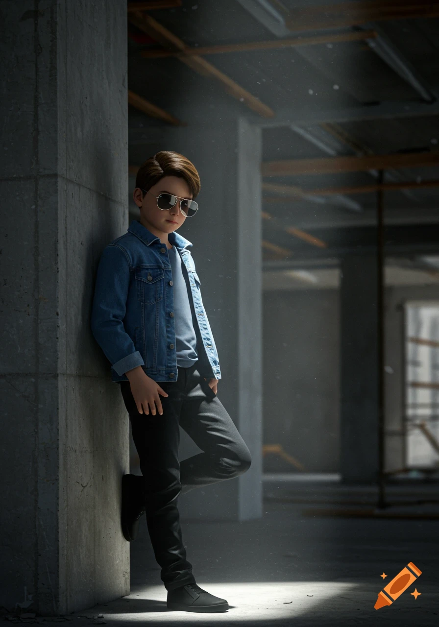 Hyper realistic portrait of a boy in a blue denim jacket, black jeans, and classy sunglasses, leaning against a wall in a spotlight.