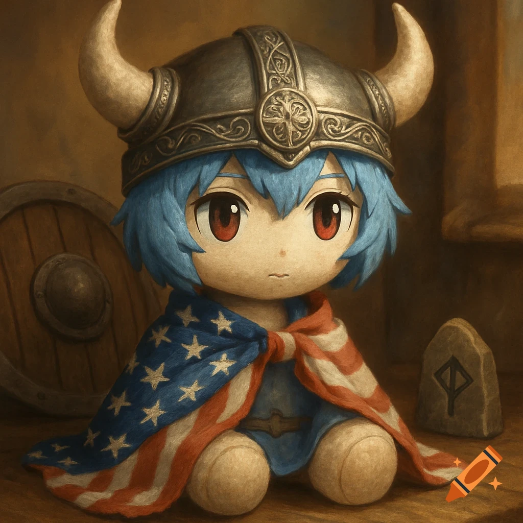 A chibi-style plush doll with blue hair and red eyes, wearing a horned viking helmet and an American flag as a cape, sits next to a wooden shield and a rune stone.