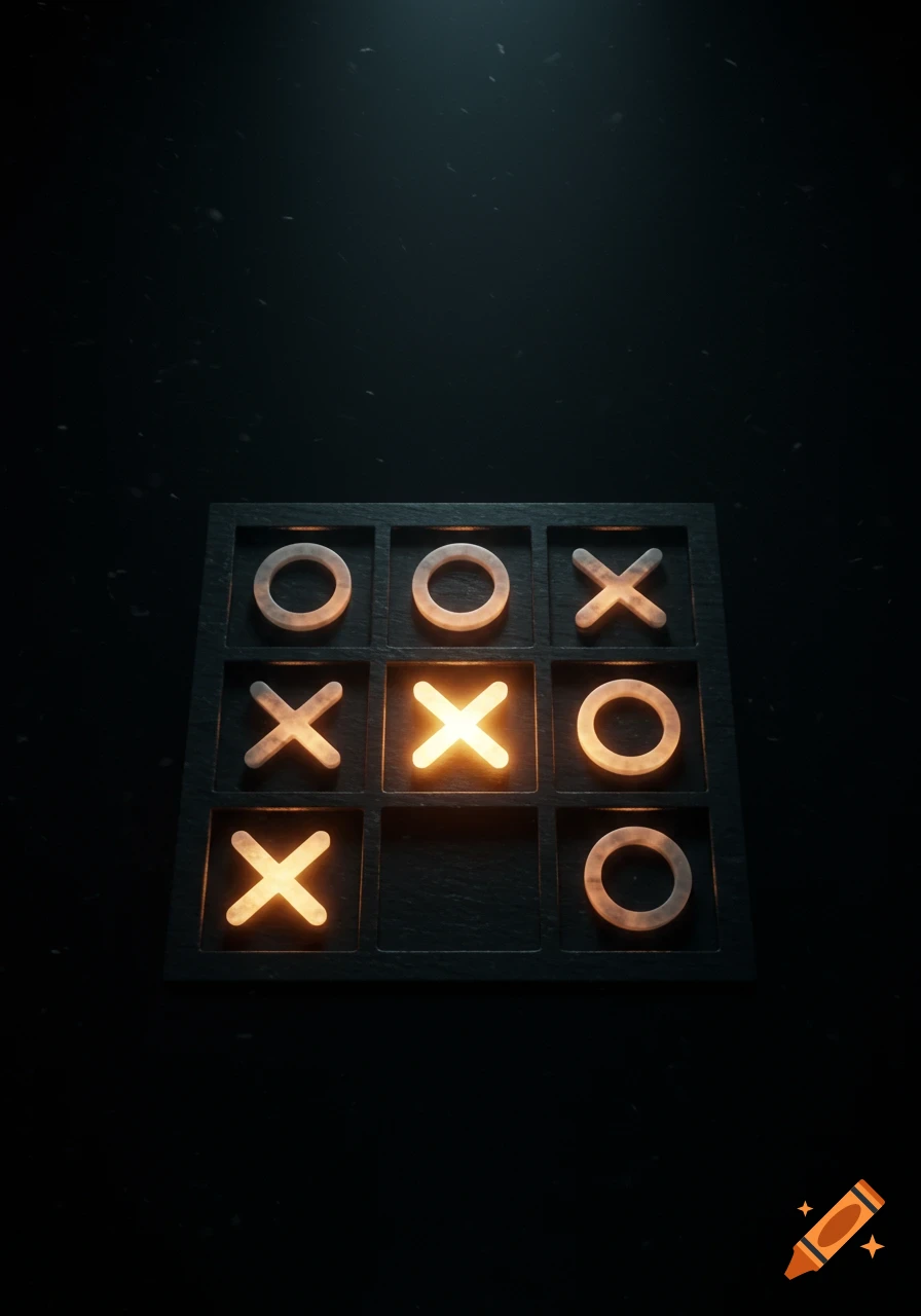 A dark, moody illustration of a glowing Tic Tac Toe board with X and O pieces in mid-game, radiating a warm glow.