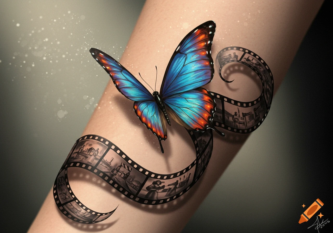 A vibrant blue and orange butterfly emerges from a black film strip tattoo on a person's arm, with sparkling dust.