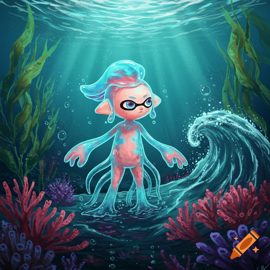 A stylized, translucent Inkling-like creature with pink and blue markings stands underwater among coral and kelp, bathed in light rays.