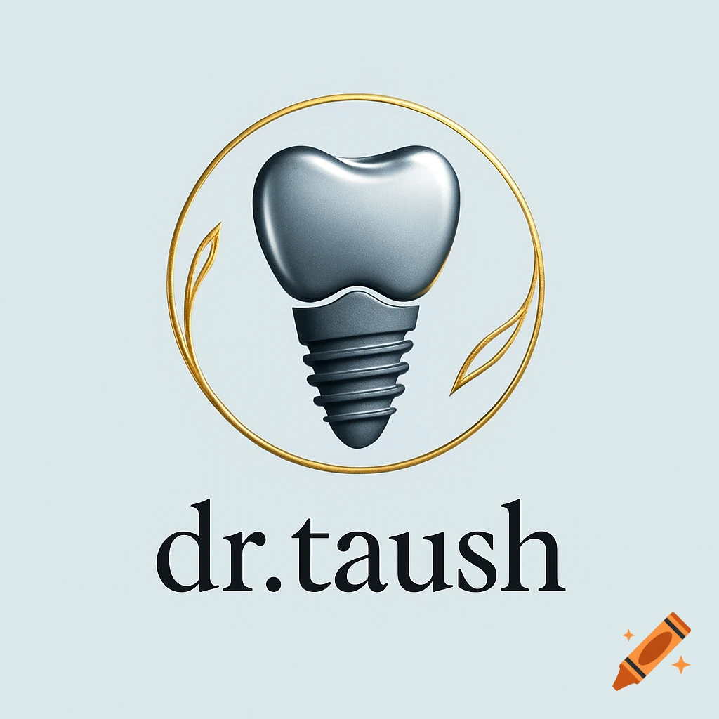 A metallic gray dental implant icon in a gold circular frame with leaves, above the text 'dr.taush' on a light blue background.