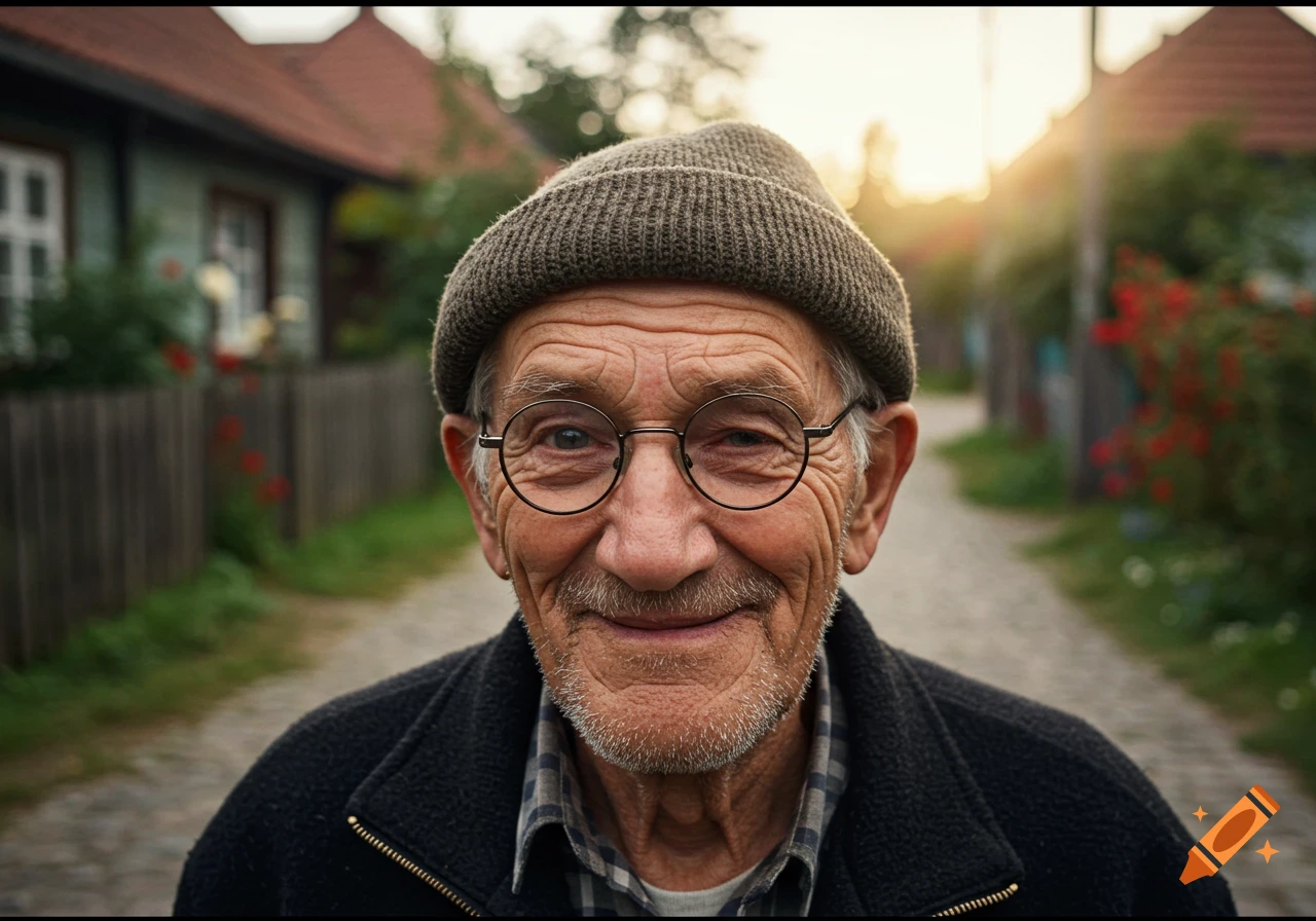 Close-up photorealistic portrait of a smiling elderly man in a beanie and glasses on a village path at sunset.