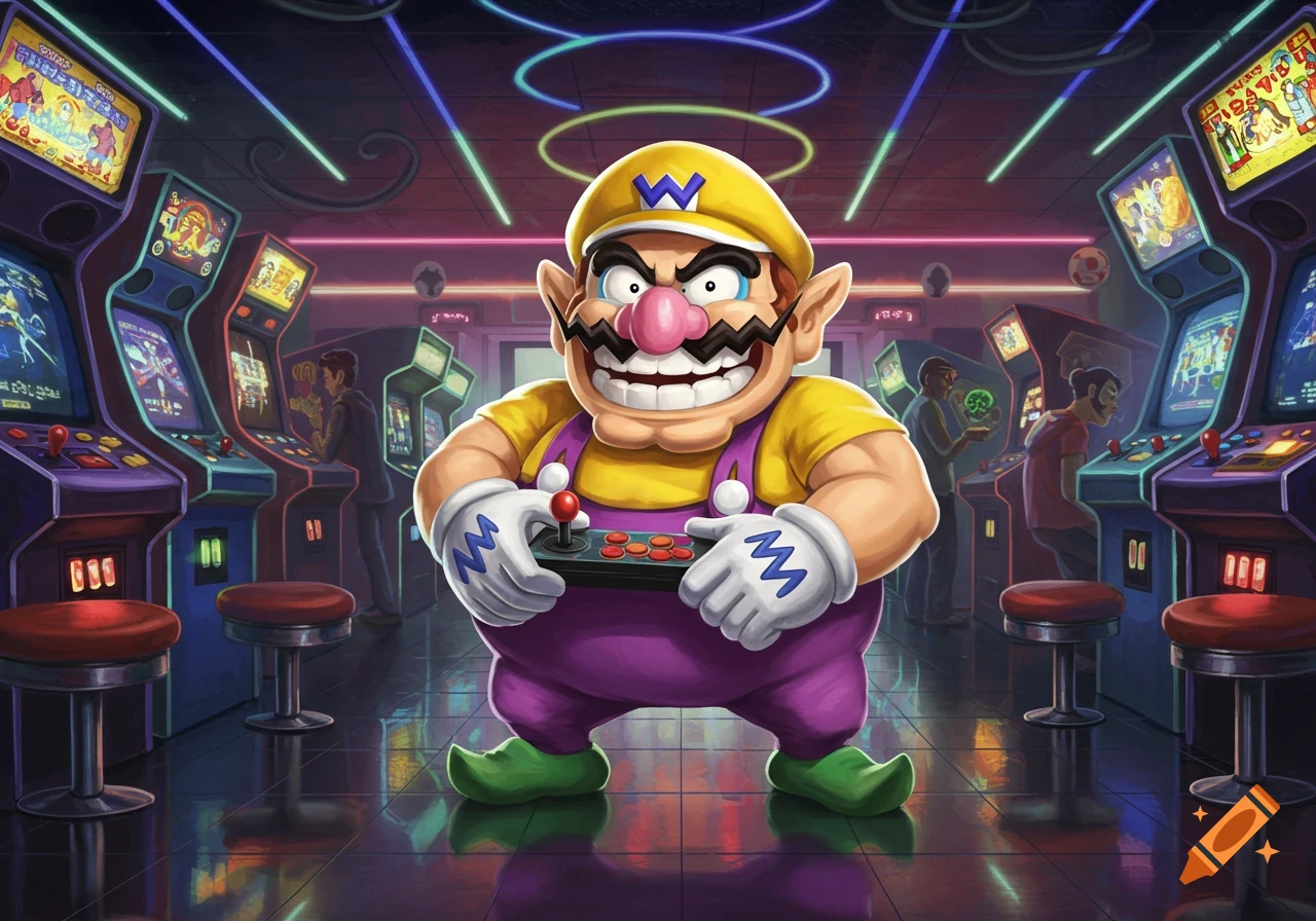 Wario grins menacingly while holding a classic arcade joystick, surrounded by brightly lit arcade machines in a retro arcade.
