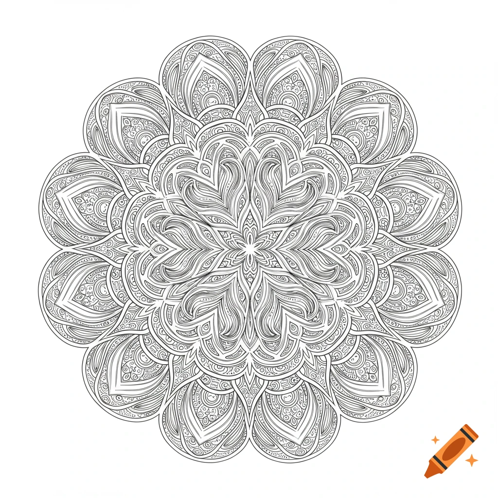 An intricate black and white line art mandala design.