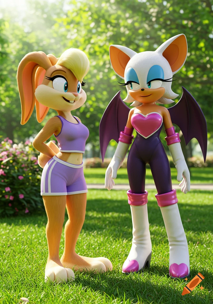 Lola Bunny in a purple athletic outfit stands with Rouge the Bat in a dark purple and pink bodysuit, outdoors in a sunlit park.