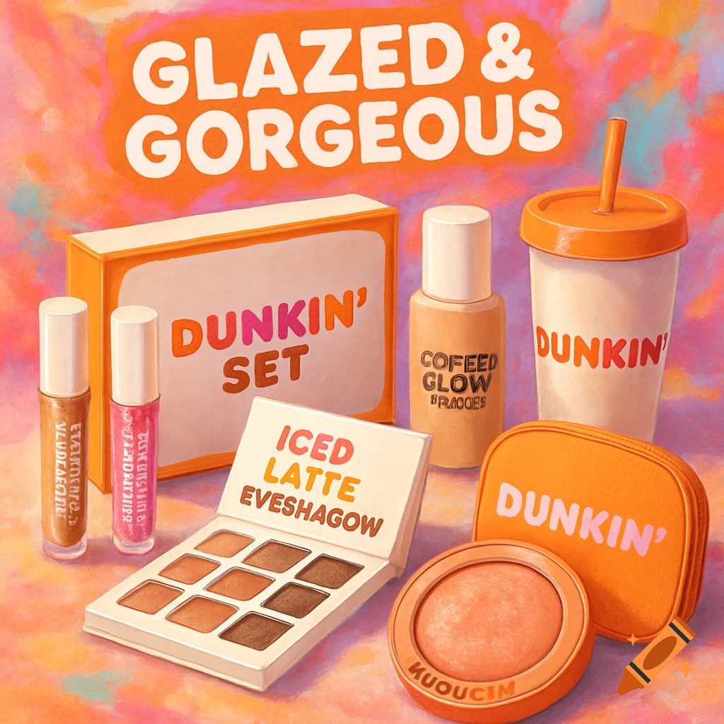 An array of Dunkin' Donuts-themed makeup products including lip glosses, an eyeshadow palette, primer, highlighter, a makeup pouch, and a cup, all in orange and white colors.