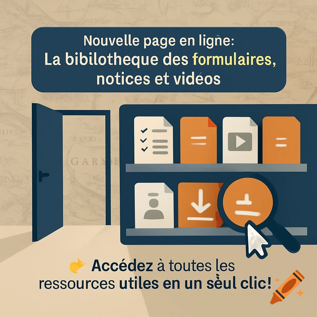A flat design graphic announcing a new online library of forms, notices, and videos in French, with file icons and a magnifying glass.