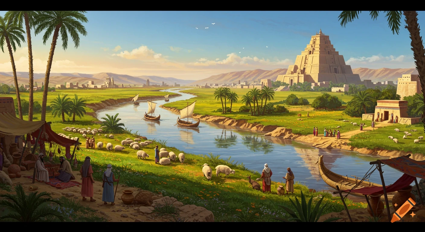 A vibrant illustration of ancient Mesopotamia, featuring a river with boats, people, sheep, palm trees, and a large ziggurat.
