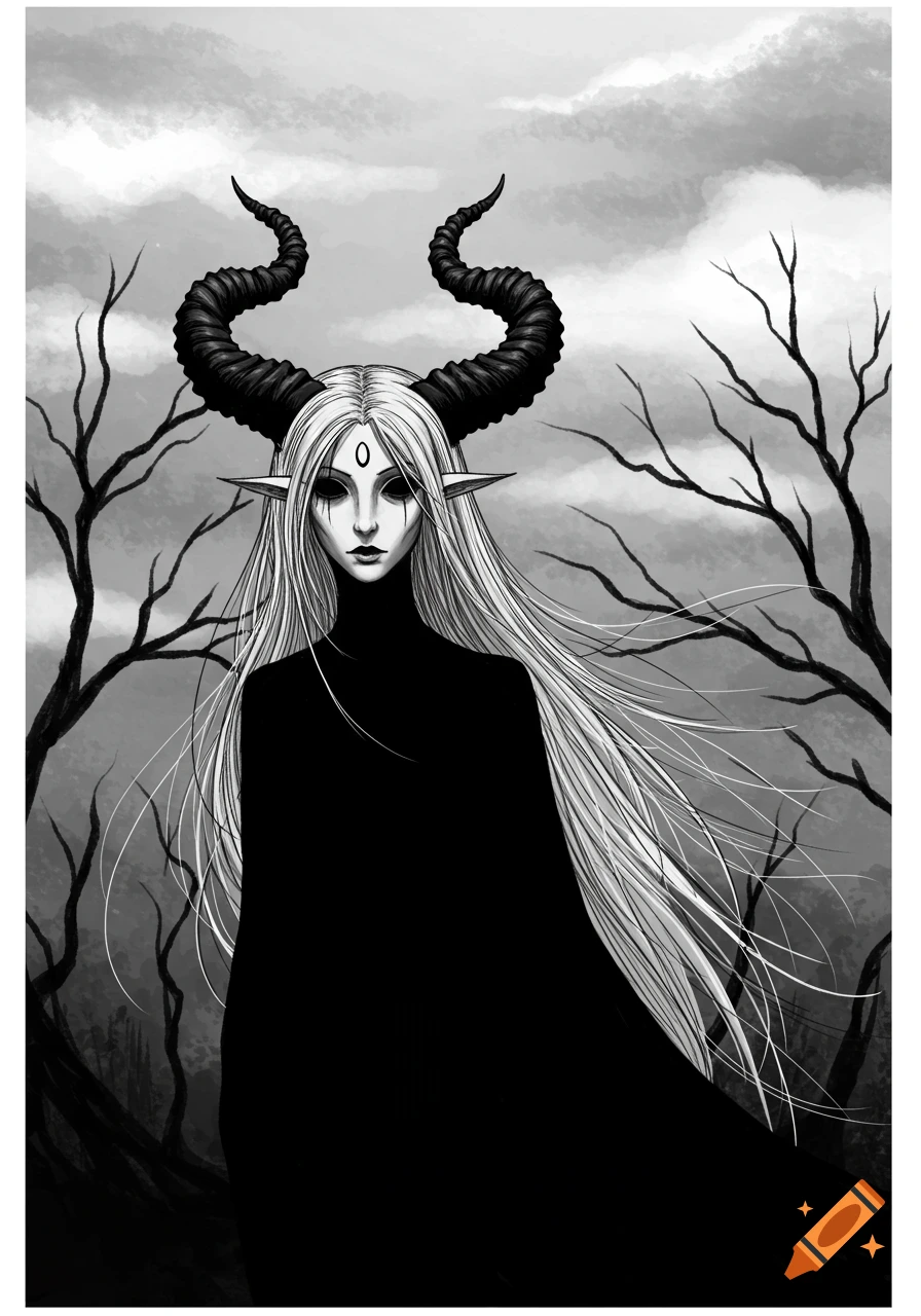 Black and white drawing of a horned woman with long white hair in a ...