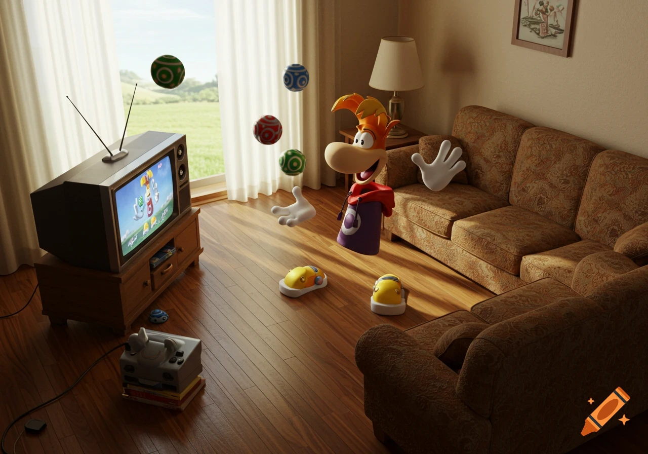 A cartoon character resembling Rayman floats in a sunny living room with a vintage TV displaying a game, beside a brown sofa.