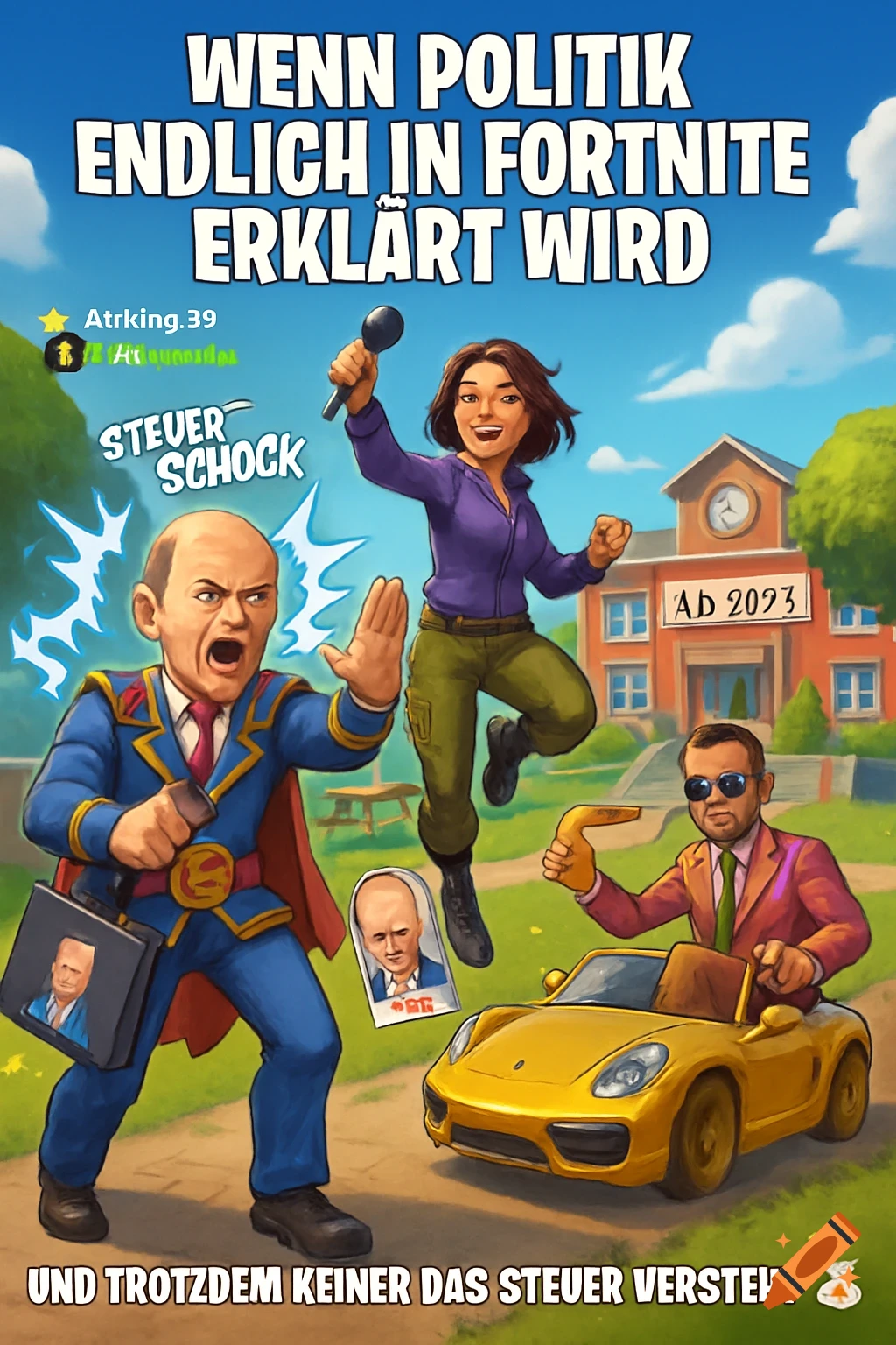 A Fortnite-style meme showing stylized politicians, including a man in a superhero suit using a "Steuer Schock" power and a woman with a microphone jumping. A man in a suit drives a yellow sports car. A school building with "AD 2023" is in the background. German text in bold reads: "WENN POLITIK ENDLICH IN FORTNITE ERKLÄRT WIRD" and "UND TROTZDEM KEINER DAS STEUER VERSTEHT".