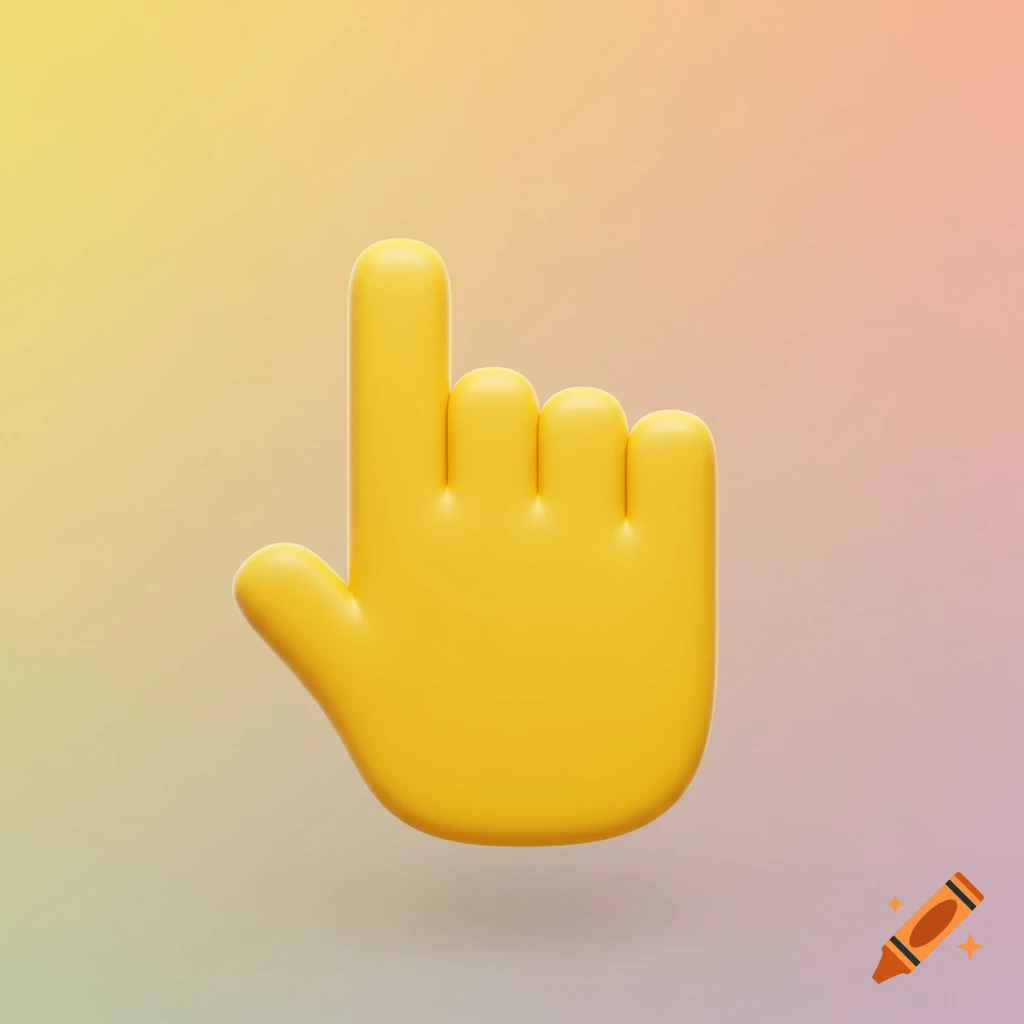 A bright yellow 3D hand emoji with the index finger pointing upwards on a pastel gradient background.