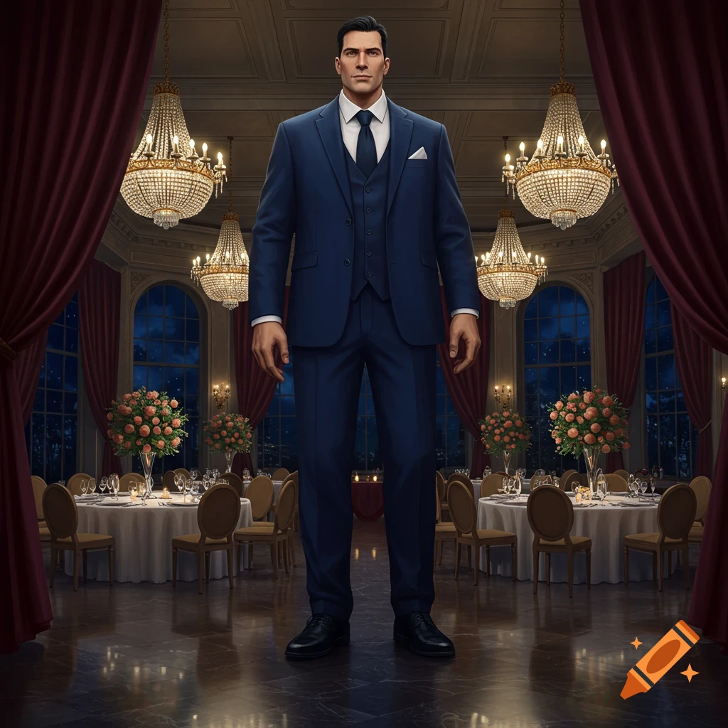 A very tall man in a dark blue three-piece suit stands in a grand ballroom with sparkling chandeliers and set dining tables.