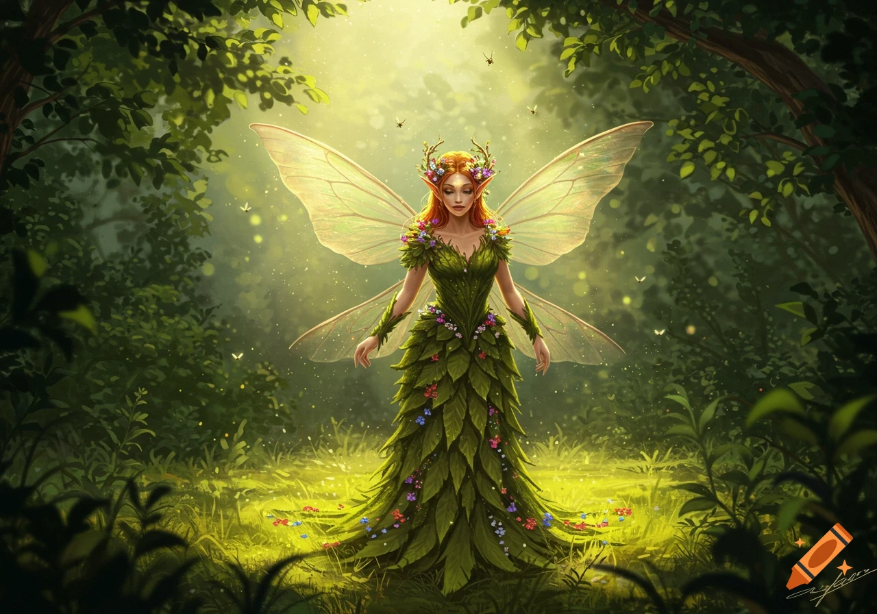 A red-haired forest fairy with large translucent wings and a leaf dress adorned with flowers stands in a sunlit magical forest clearing.
