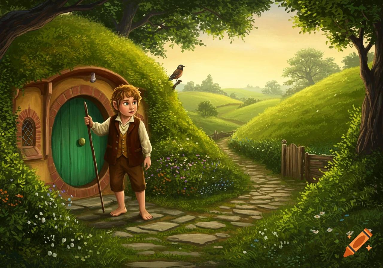 Illustrated young Hobbit with a staff stands outside a green round door in a grassy hill, path leading to rolling hills at sunrise.