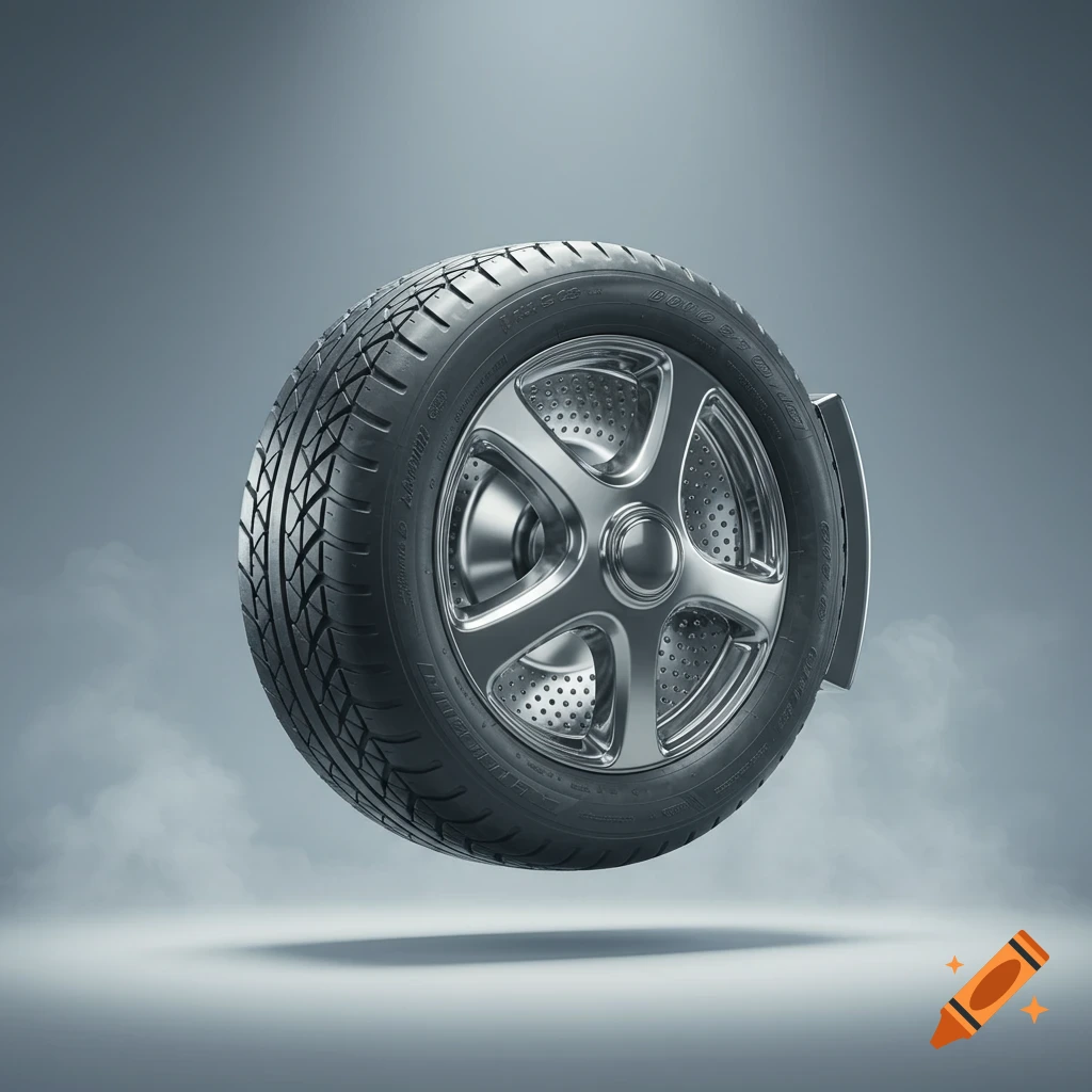 Photorealistic rendering of a bus wheel with a washing machine drum for a hub, floating in a smoky grey space.
