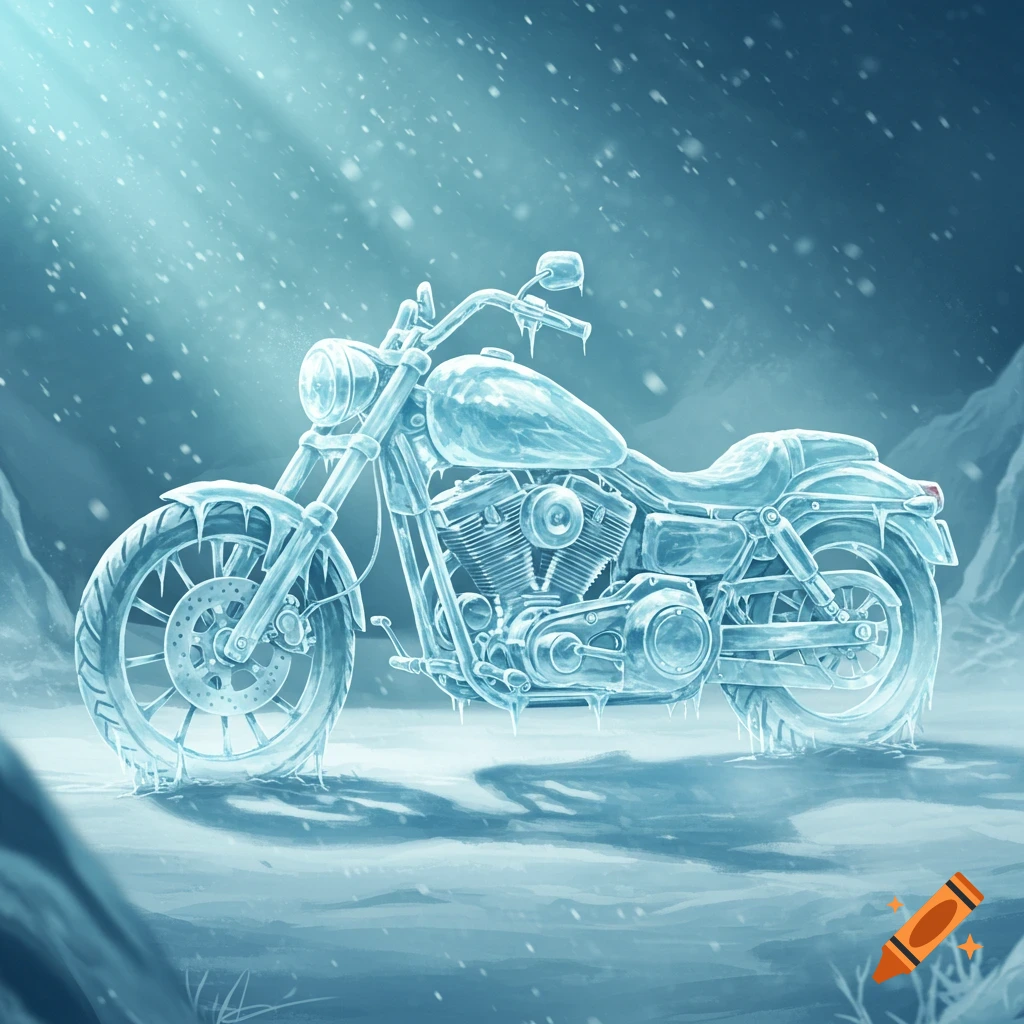 A detailed illustration of a motorcycle made entirely of ice, standing in a snowy landscape with falling snow and bright light rays.