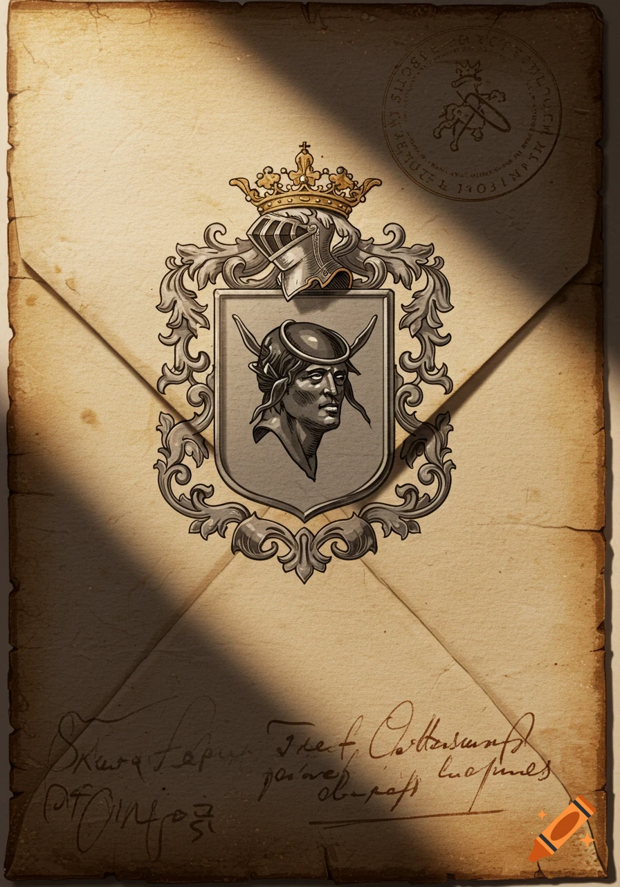 An aged, textured 18th-century envelope with a detailed coat of arms featuring a crowned helmet, shield with a man's bust, and illegible script.