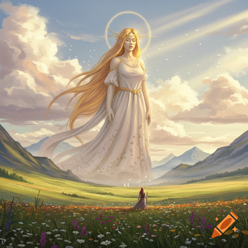 A majestic giantess in a white gown and golden crown overlooks a flower meadow where a small figure stands, against a scenic backdrop of mountains and sky.