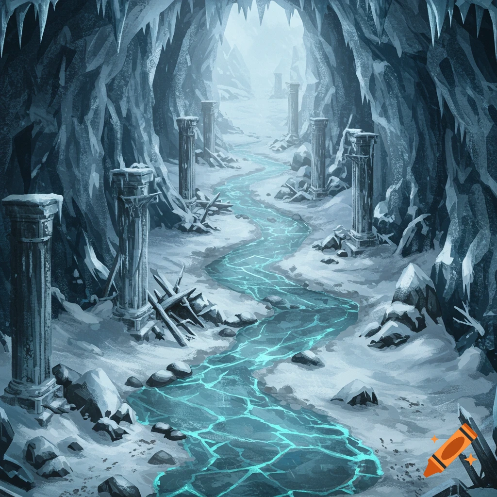 Stylized icy cave battle map with ancient ruined pillars and a winding river of glowing blue ice.