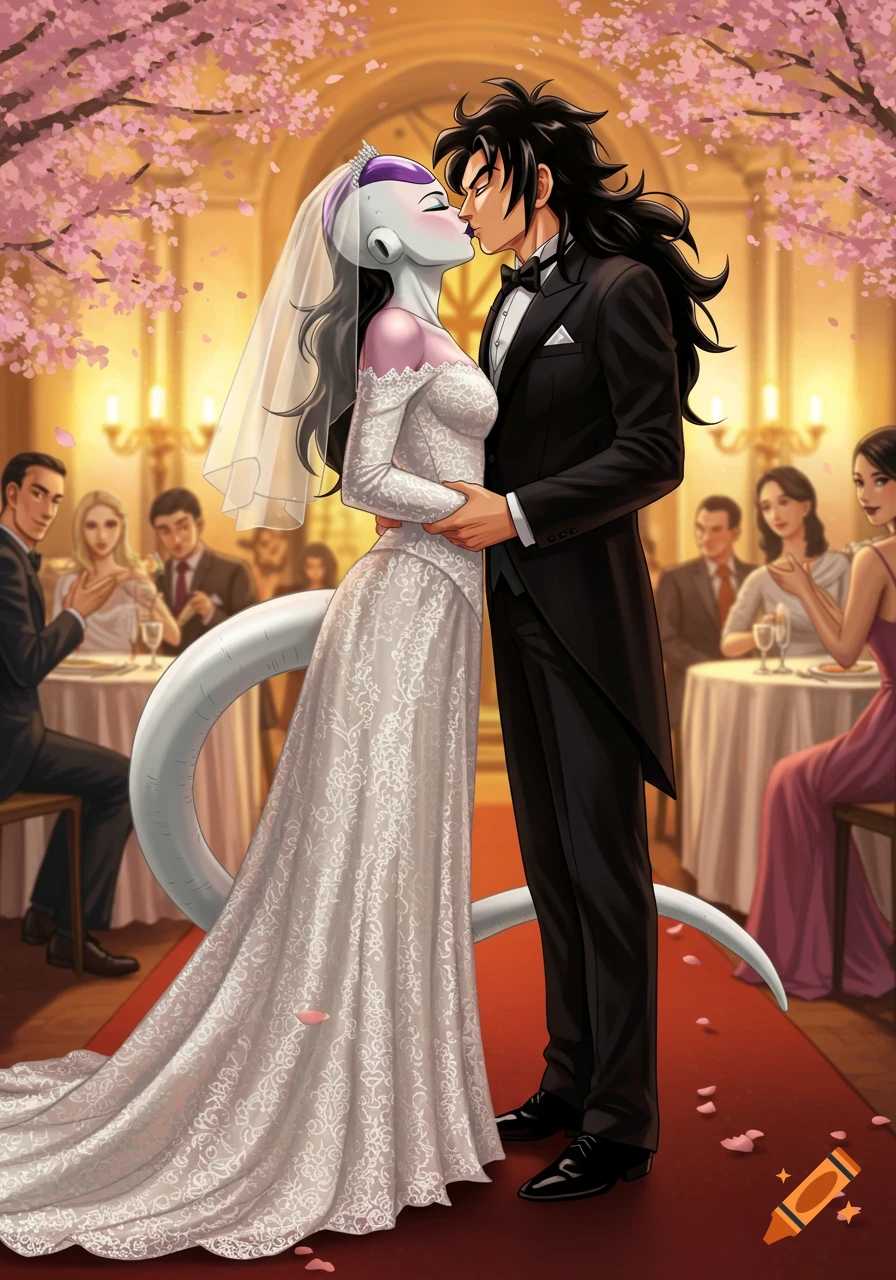 Yamcha in a tuxedo kisses Frieza in a wedding dress at an anime wedding with cherry blossoms.