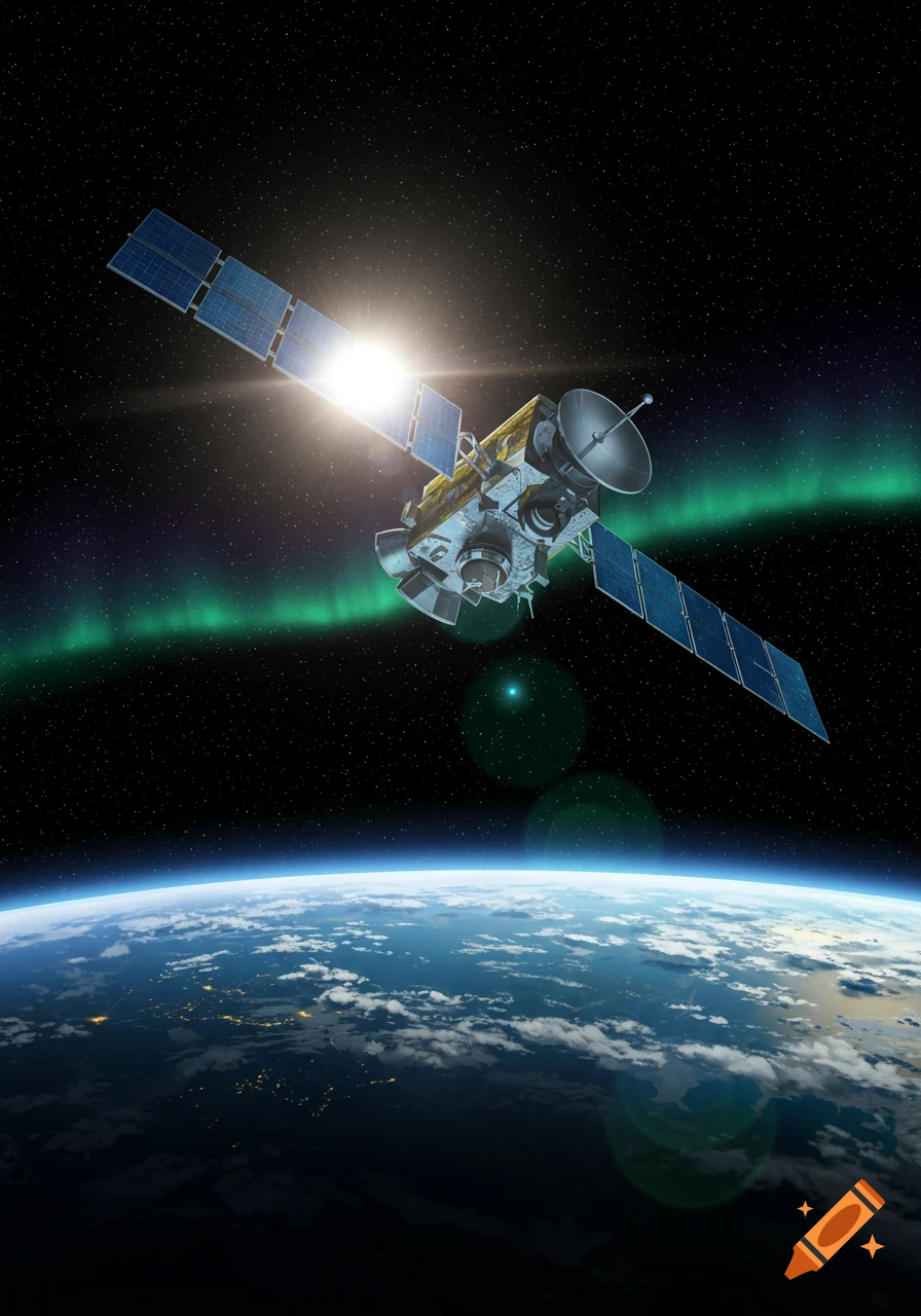 Photorealistic satellite with solar panels orbiting Earth, with a bright sunburst and green aurora in a starry night sky.