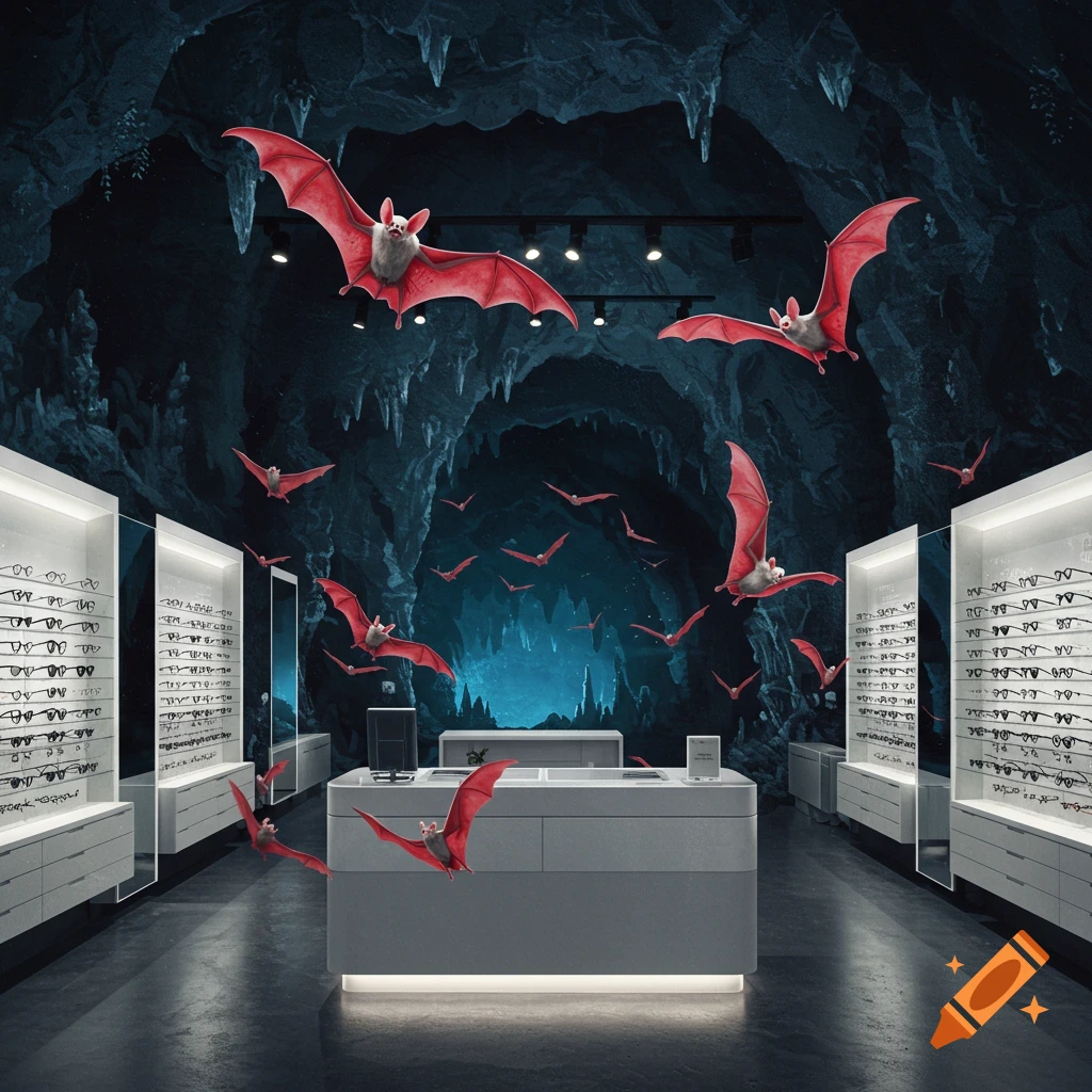White and red bats flying through a modern eye care store with display cases, set against a dark, rocky cave backdrop.