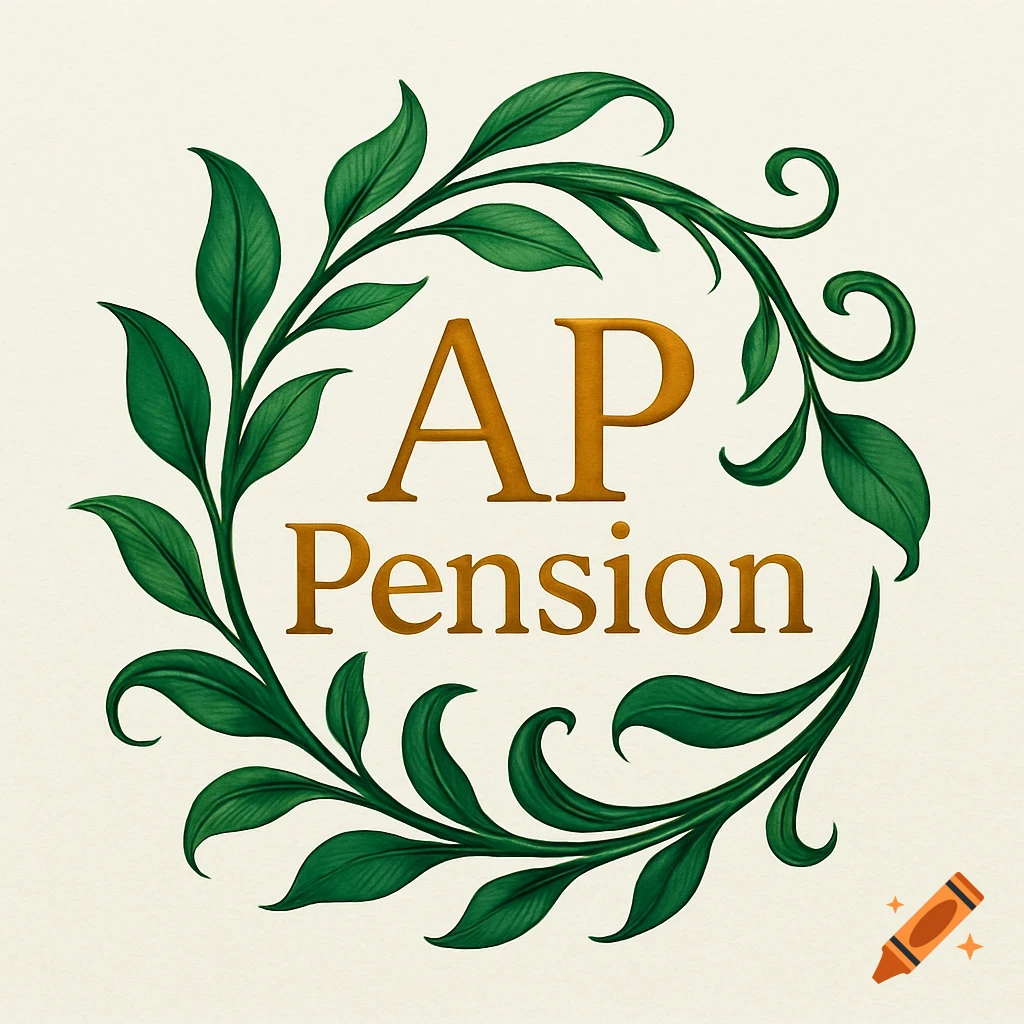 A gold "AP Pension" logo encircled by a green leafy vine wreath.