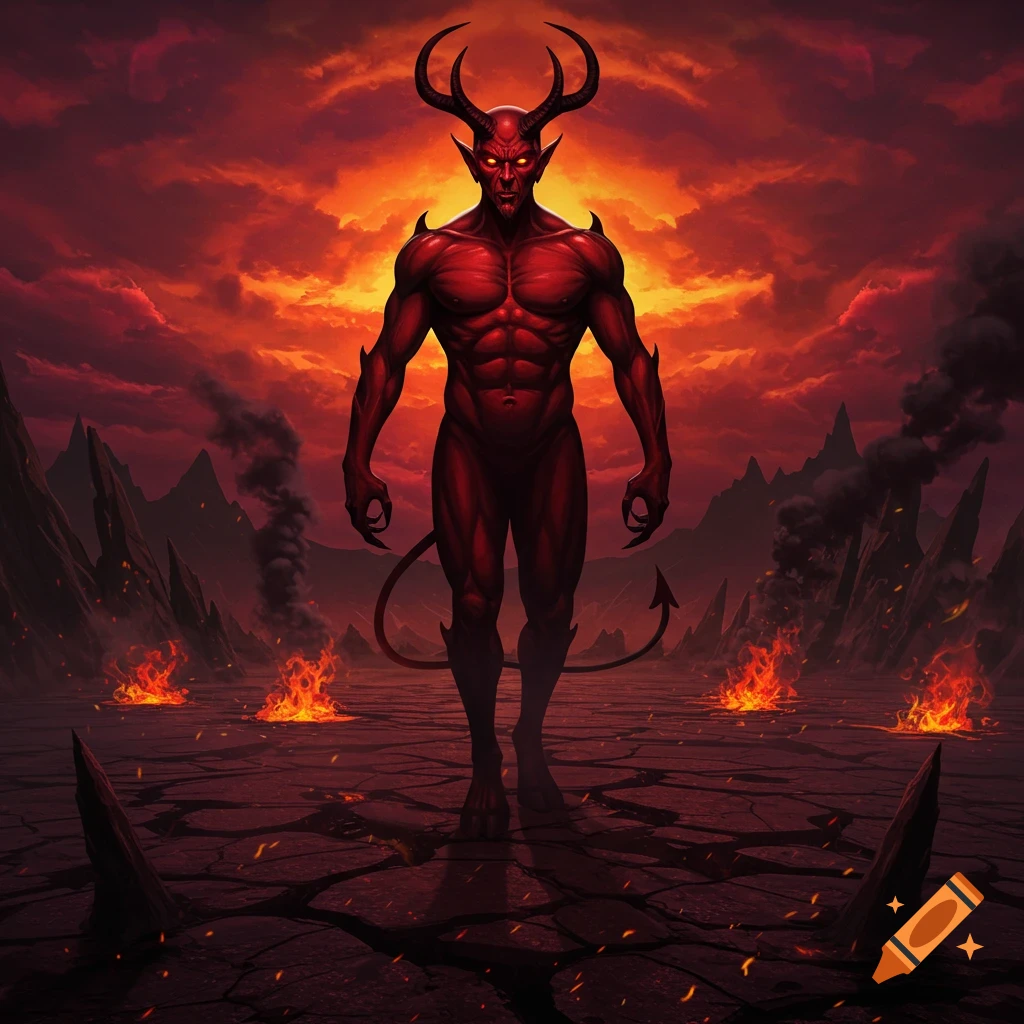 A muscular red devil with horns and a tail stands in a fiery, cracked hellscape under a turbulent red sky.