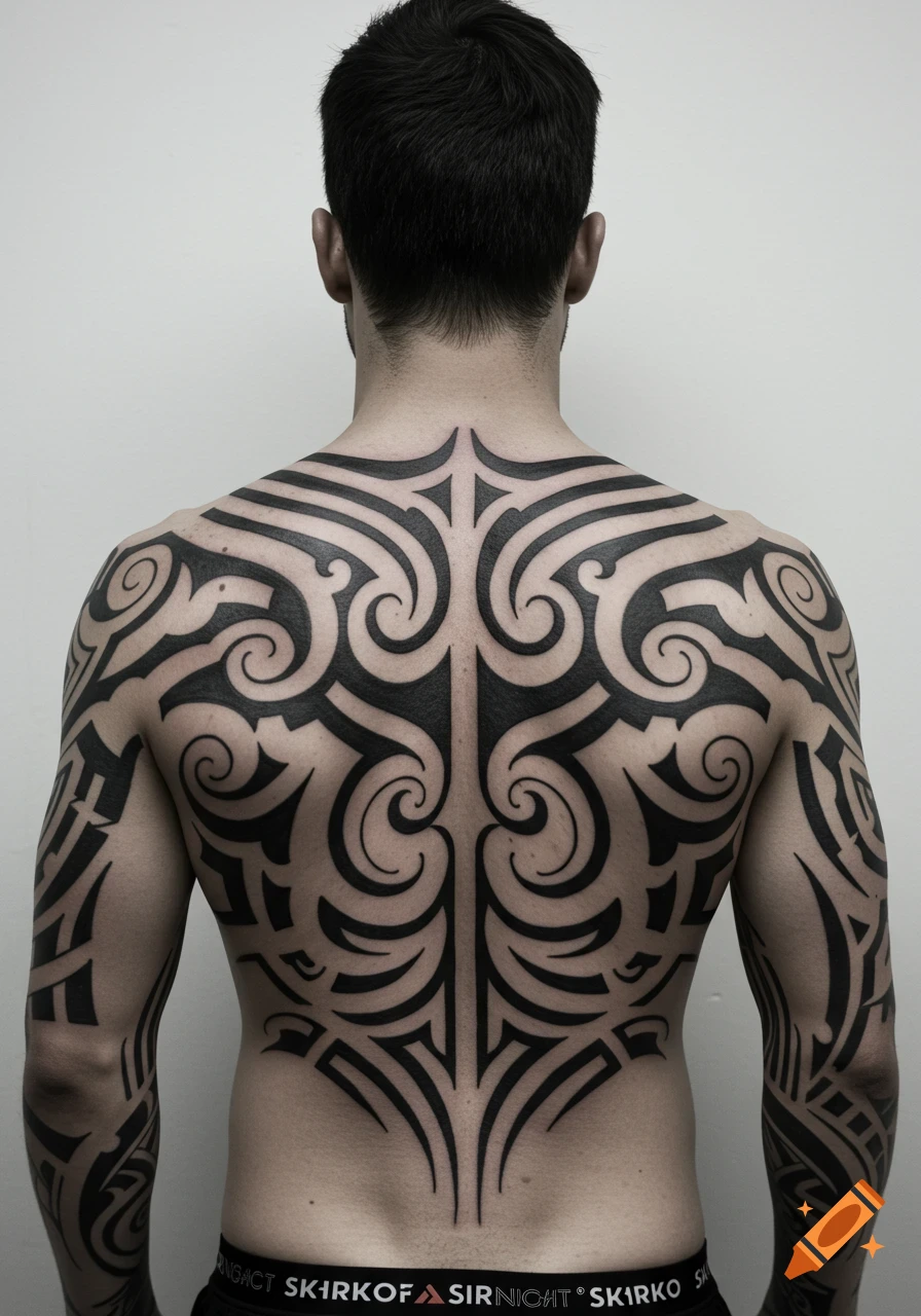 A man with a large, intricate black tribal tattoo covering his entire back and shoulders, seen from behind.