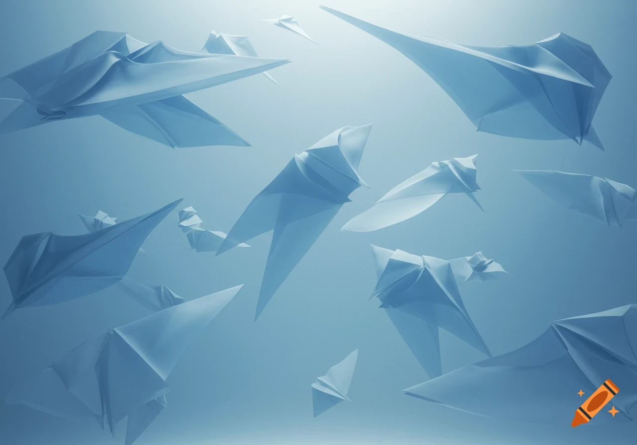 A ballet of abstract, translucent, paper-like forms resembling wings or celestial silhouettes against a light blue background.