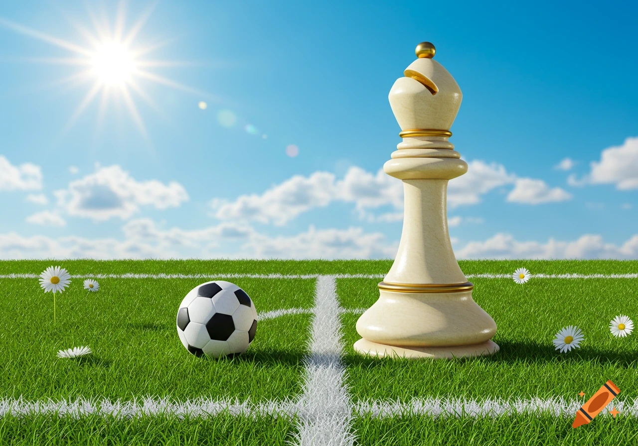 A photorealistic white chess bishop and a soccer ball stand on a green grassy field with white lines, under a sunny blue sky with clouds.