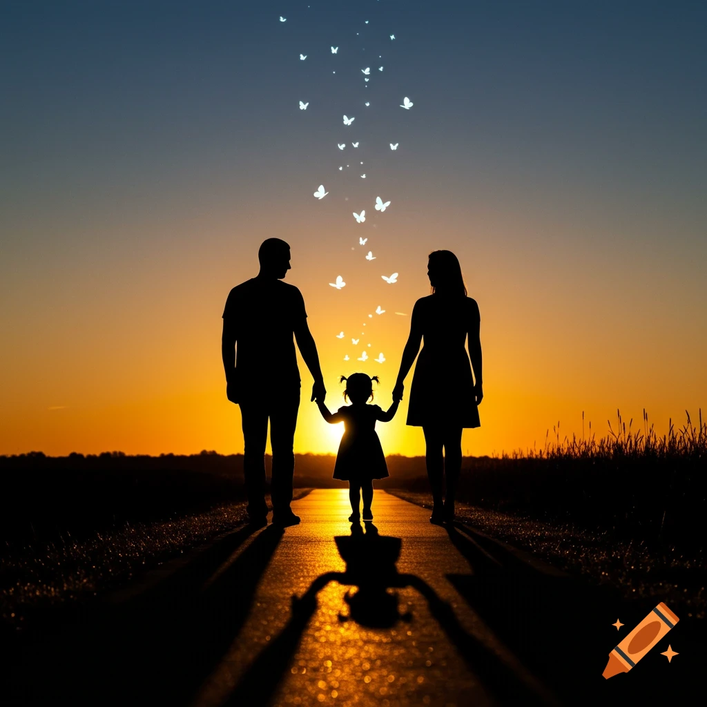 Silhouette of a family holding hands on a road at sunset, with butterflies rising into the sky above the child.