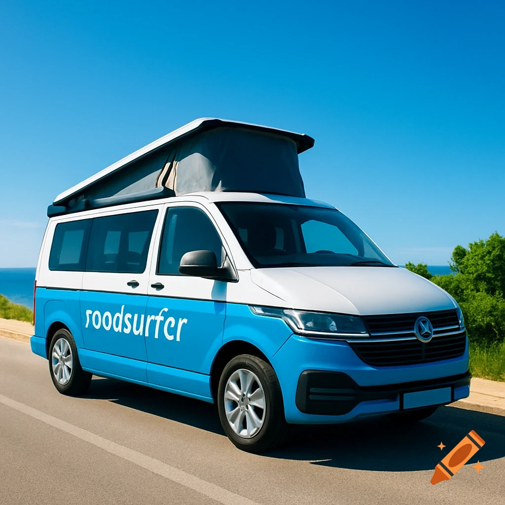 A two-tone white and blue 'roadsurfer' camper van with a pop-up roof drives on a coastal road overlooking the sea under a clear sky.