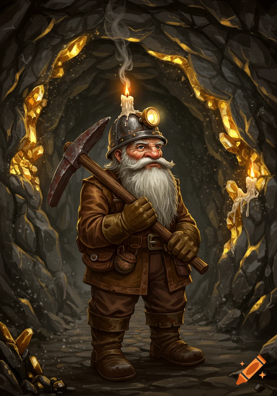 An old dwarf miner with a white beard, wearing a helmet with a candle and headlamp, holding a pickaxe in a gold-filled cave.