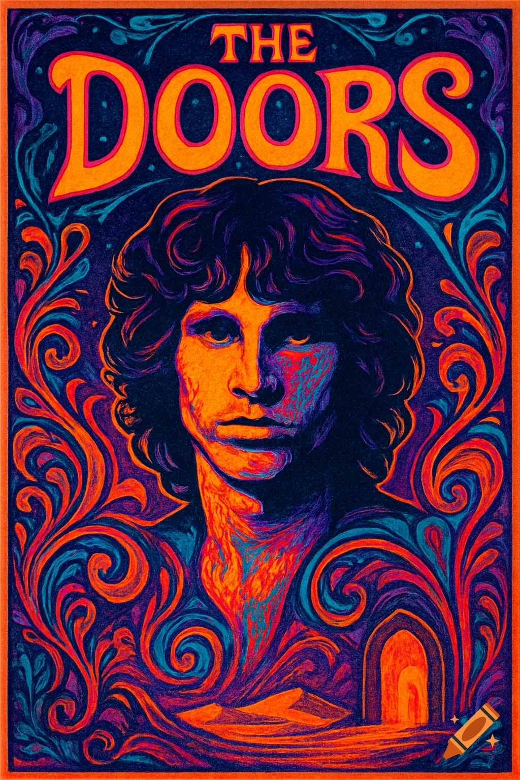 Psychedelic art poster for The Doors, featuring a stylized portrait of Jim Morrison in bright orange, blue, and purple hues with swirling patterns.