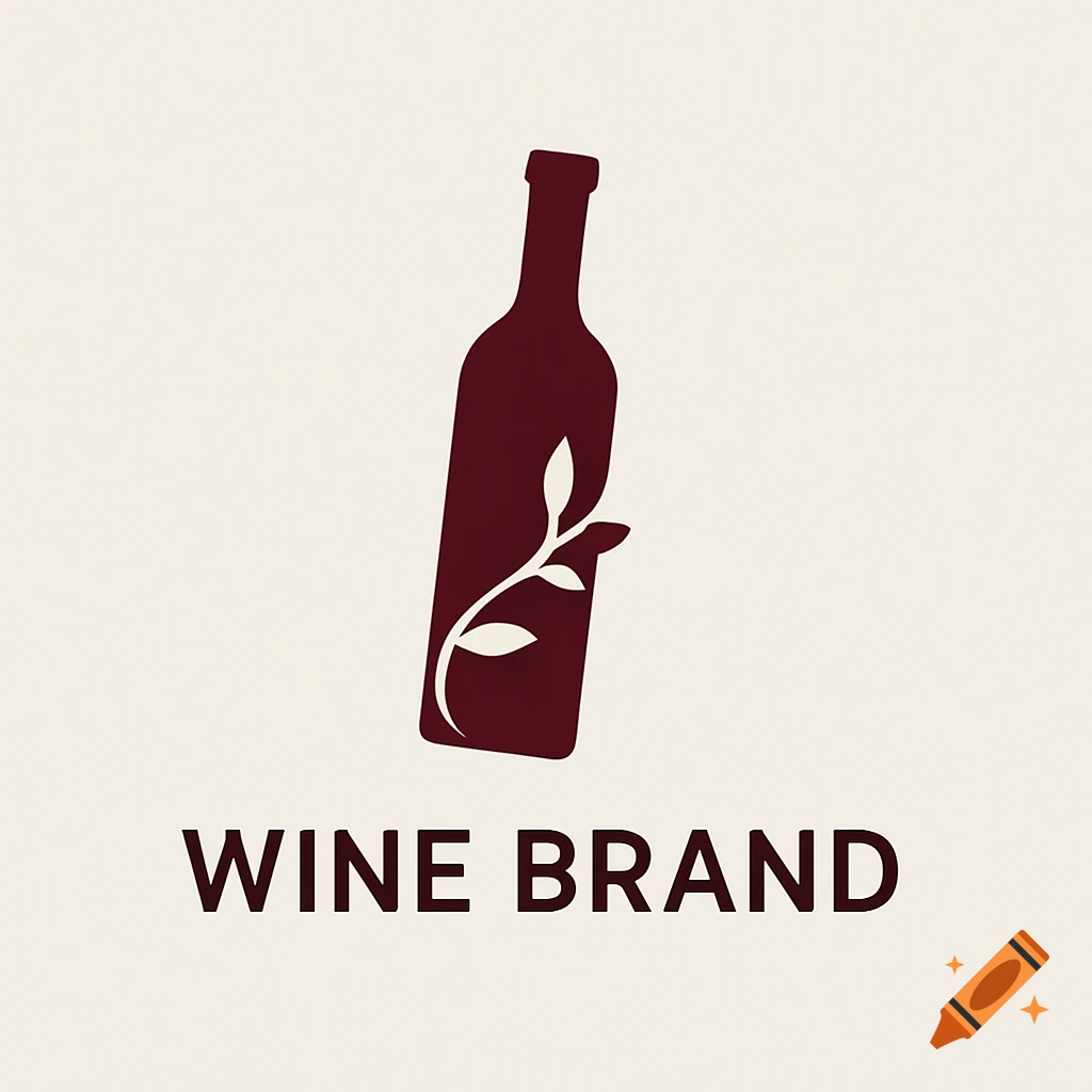 Minimalist wine bottle logo with a plant vine wrapped around the bottle, in dark red on a light beige background.