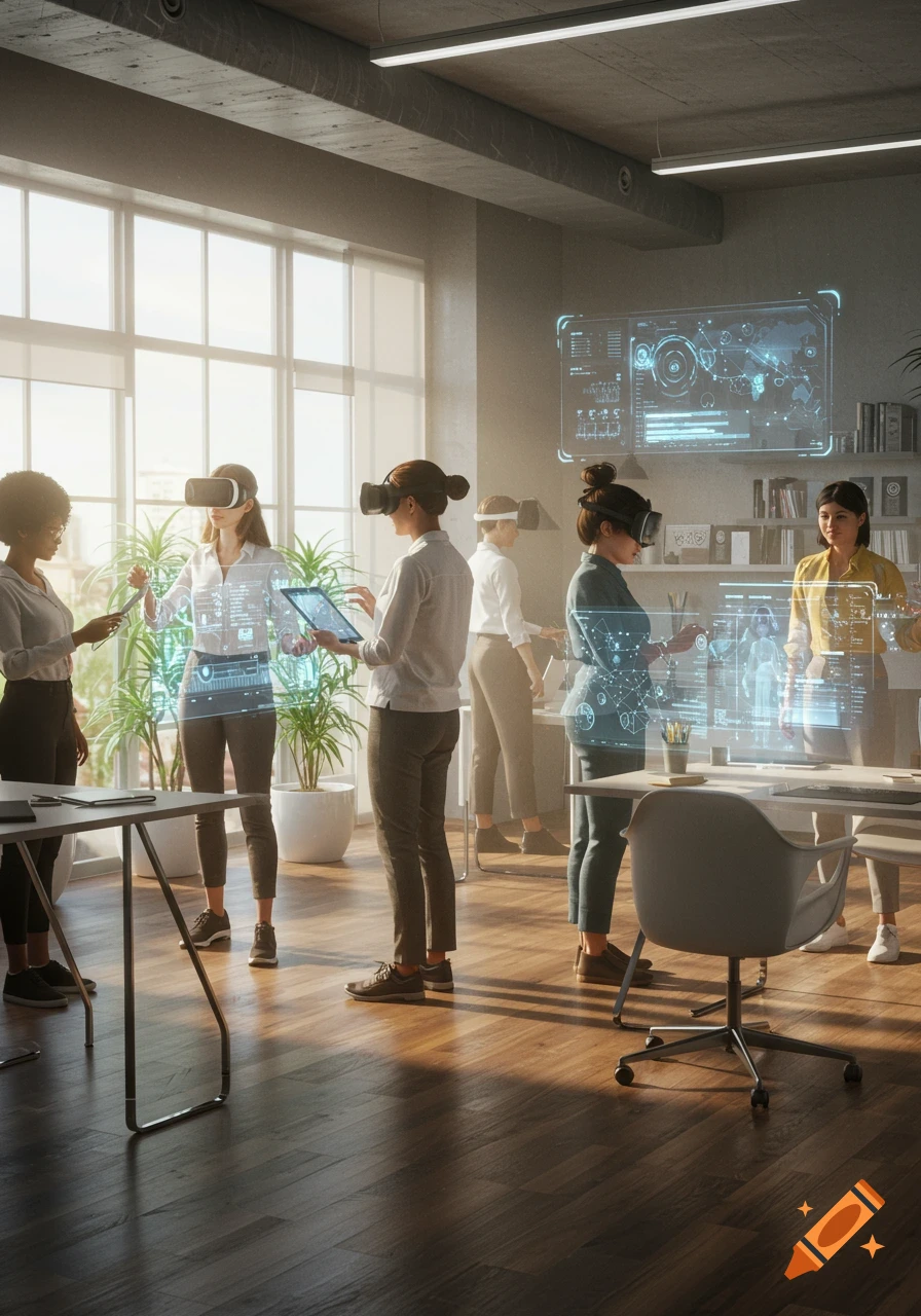 Photorealistic image of women in a modern office, wearing VR headsets and interacting with holographic displays.