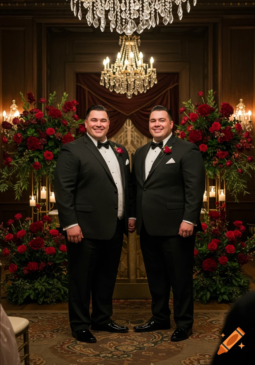 Two men in tuxedos smiling at their wedding, standing in a grand room with red floral arrangements and chandeliers.