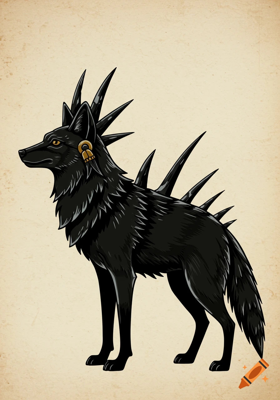 Stylized illustration of a black obsidian coyote with spikes on a textured beige background, inspired by Aztec codices.