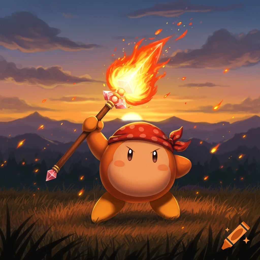 Bandana Waddle Dee holding a flaming spear in a vibrant digital art scene of a grassy field at sunset with mountains.