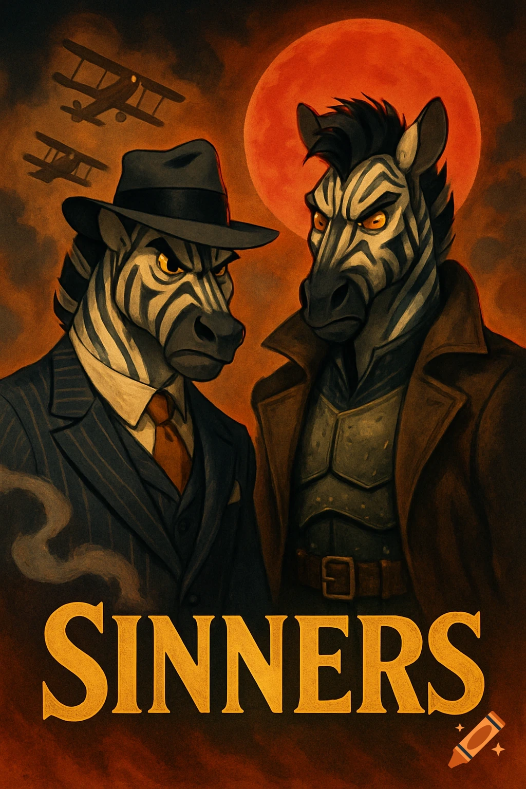 A 2D hand-drawn movie poster for 'SINNERS' featuring two angry anthropomorphic zebras in gangster attire, with a red moon and biplanes.