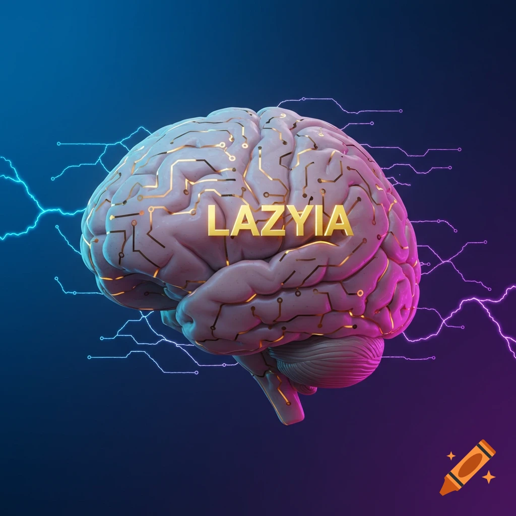 A 3D render of a human brain with golden circuit lines and the word 'LAZYIA' on it, against a blue and purple lightning background.